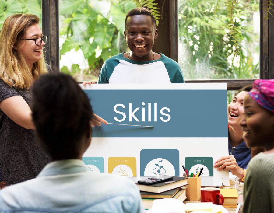 Group discussing skills in classroom setting