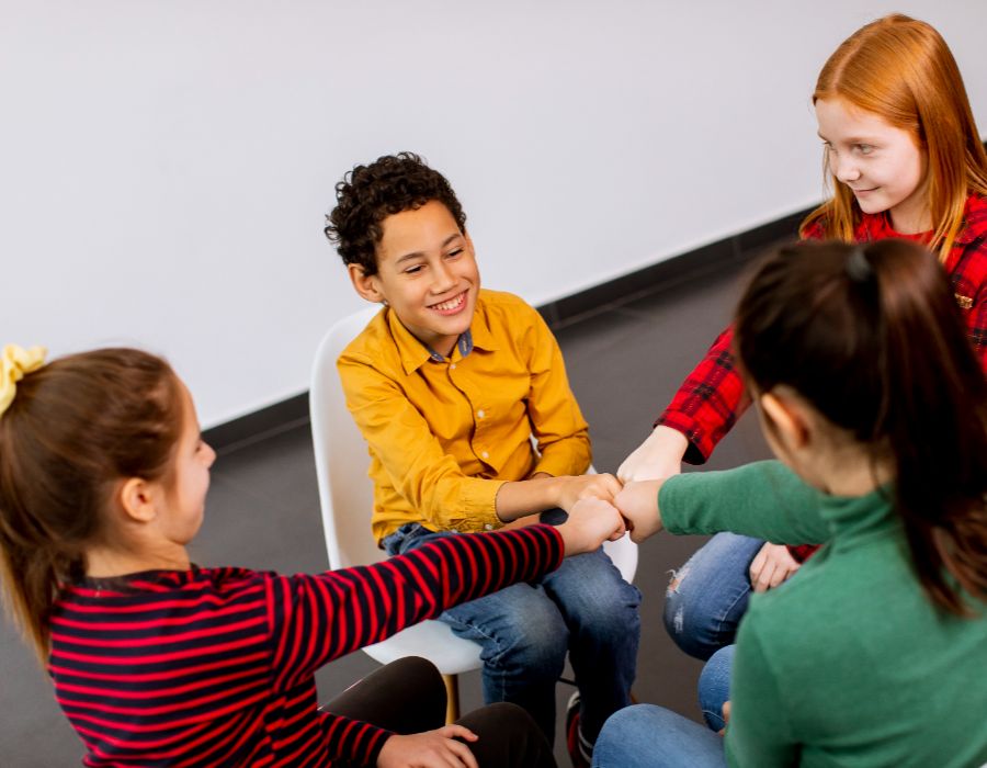 Children collaborating in a group activity.